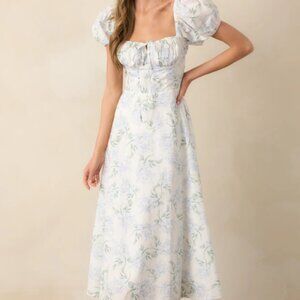 Rachel Blue Floral Print Puff Sleeve Midi (M) Dress| Easter Church Dress